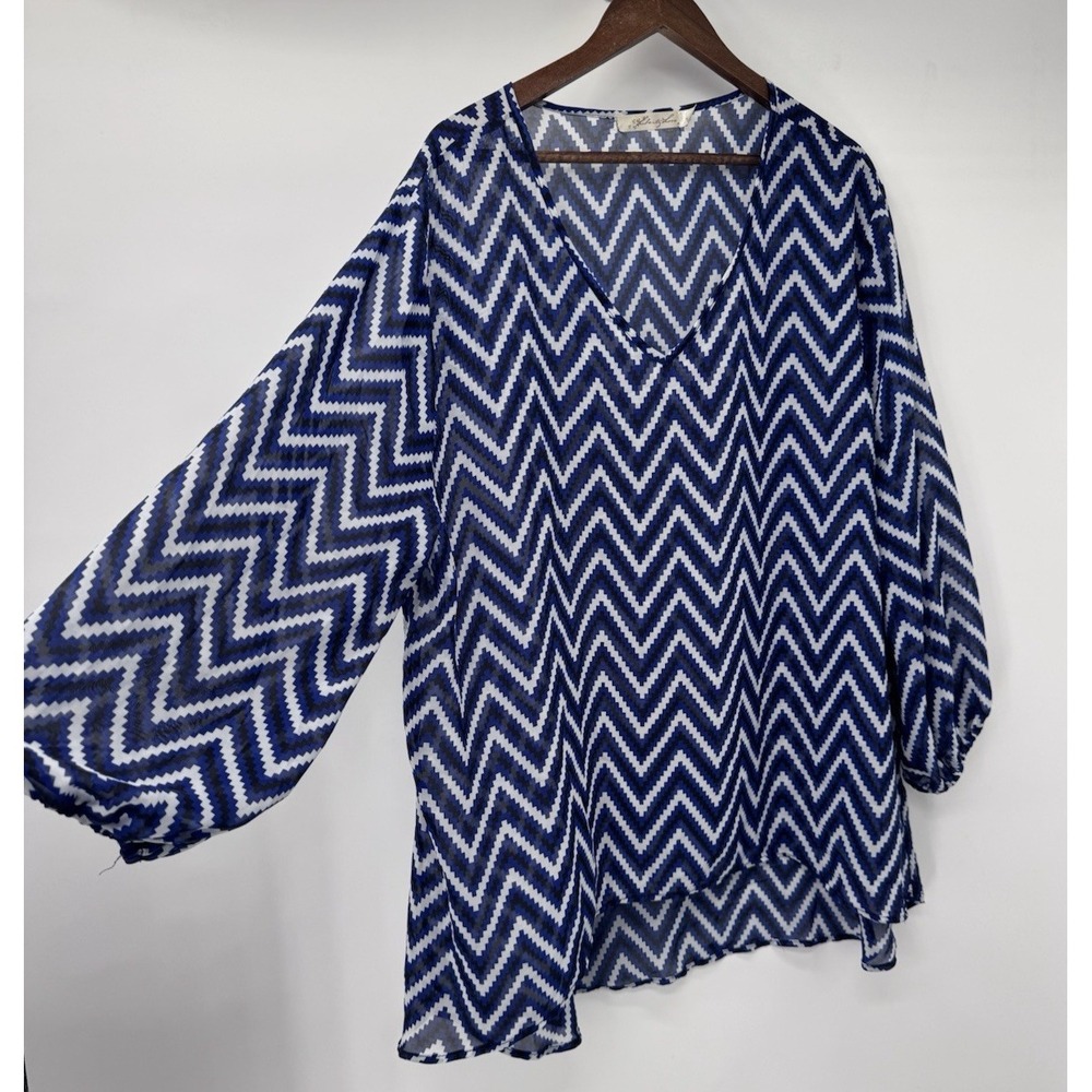 Liberty Love Blue black white Blouse chevron striped sheer peasant sleeve plus
